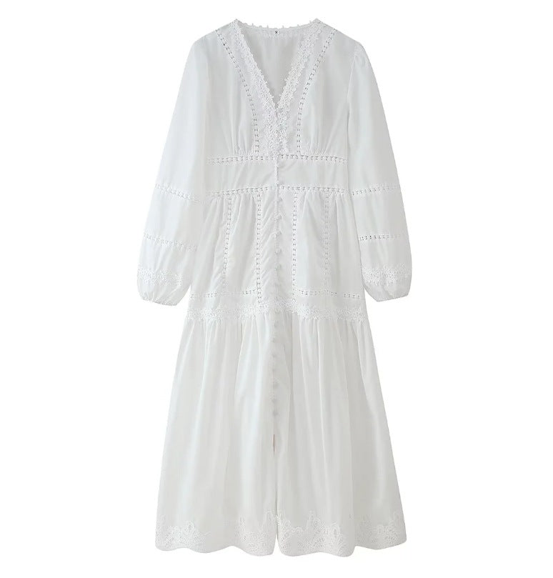 Womens V-Neck Lace Splicing Hollow-out Dress