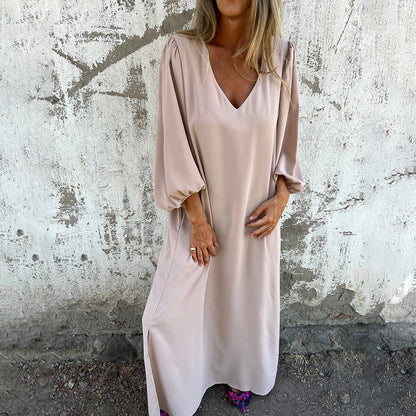 Womens V-Neck Lantern Sleeve Dress