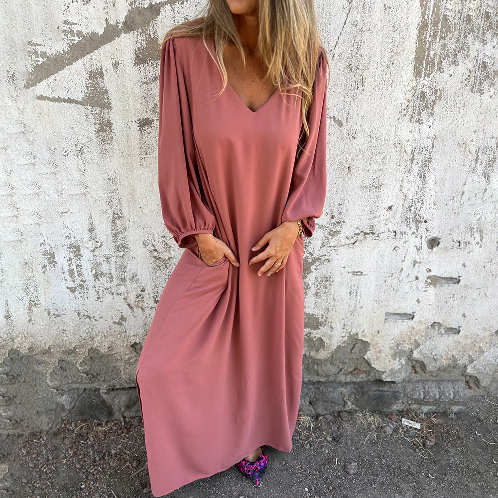 Womens V-Neck Lantern Sleeve Dress