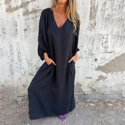 Womens V-Neck Lantern Sleeve Dress