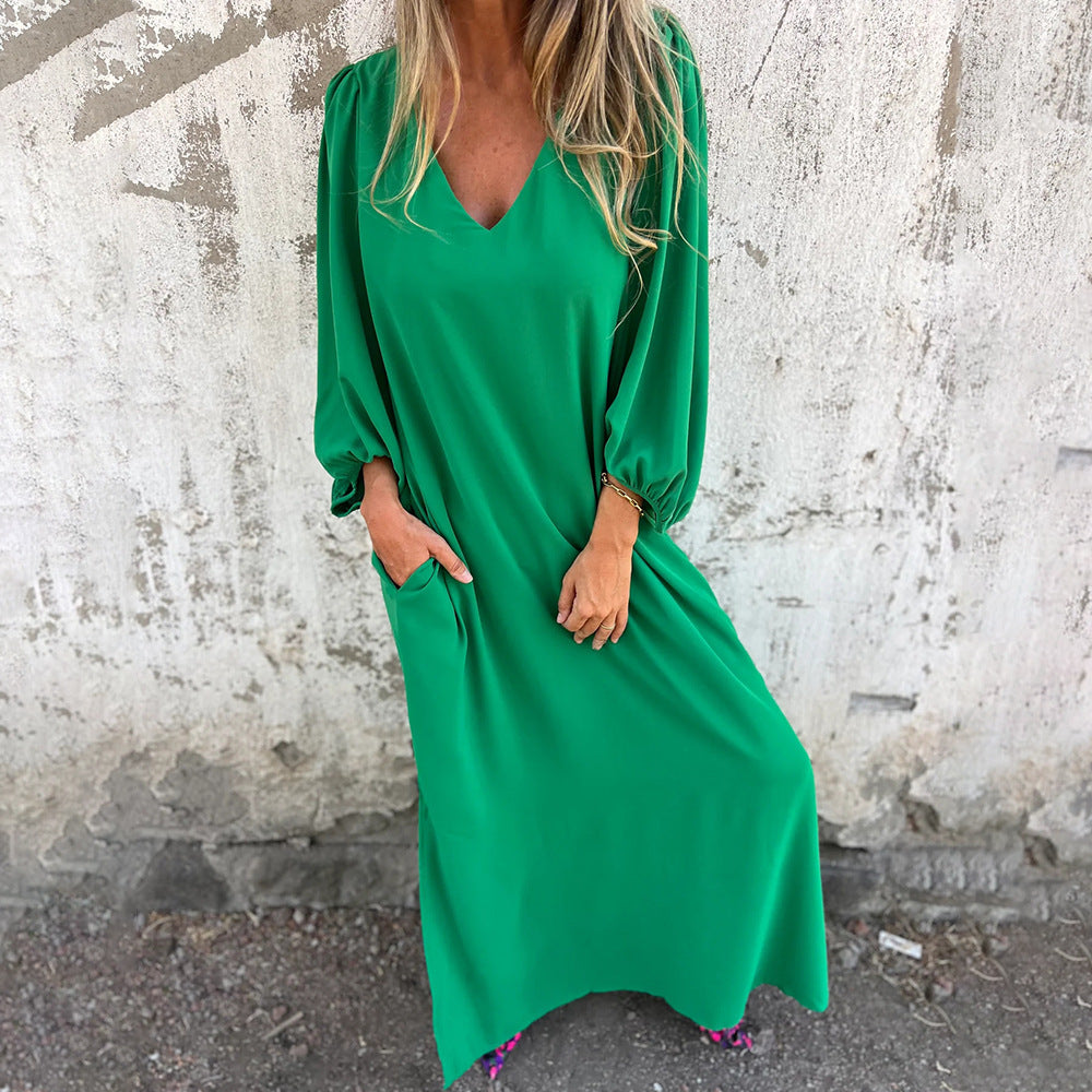 Womens V-Neck Lantern Sleeve Dress