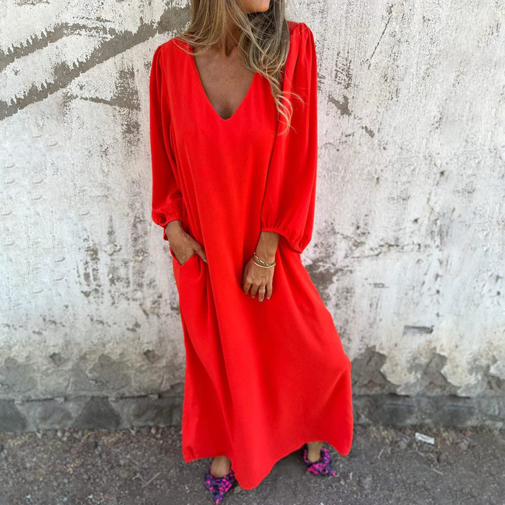 Womens V-Neck Lantern Sleeve Dress