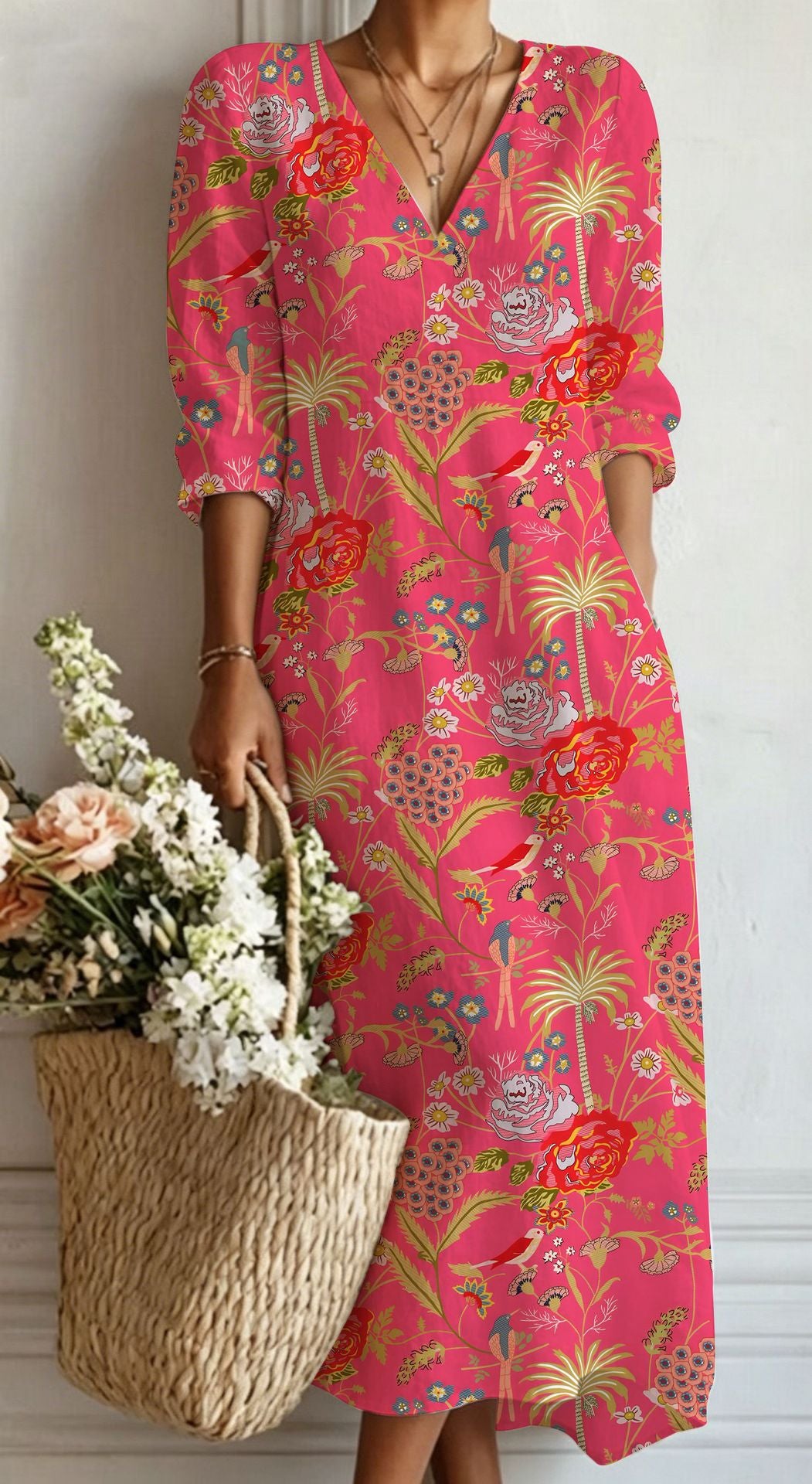 Womens V-Neck Long Sleeve Dress