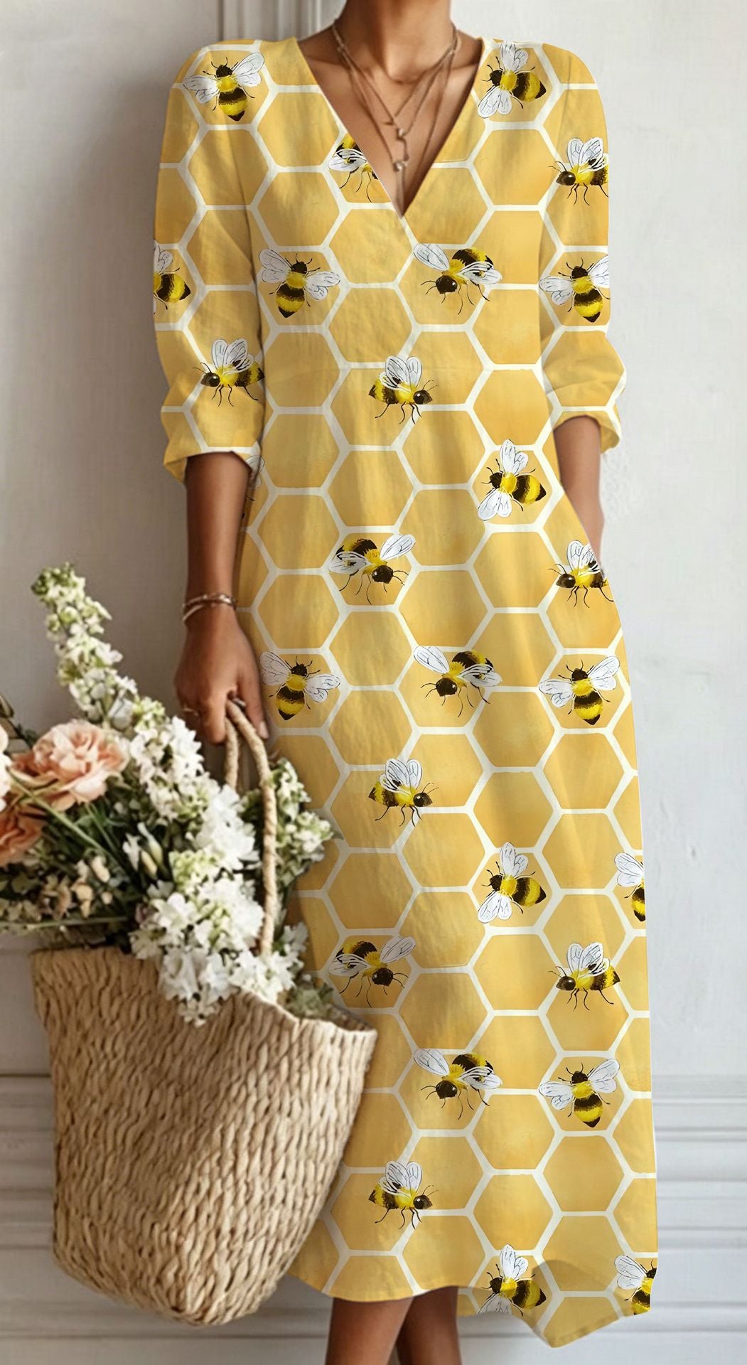 Womens V-Neck Long Sleeve Dress