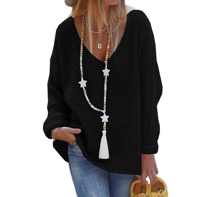 Womens V-Neck Long Sleeve Knitted Sweater