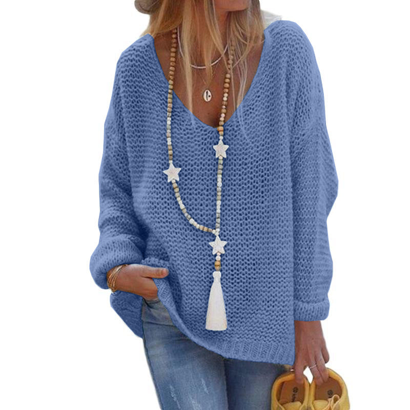Womens V-Neck Long Sleeve Knitted Sweater