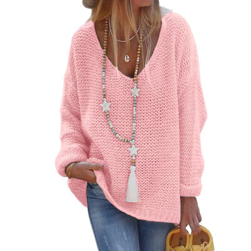 Womens V-Neck Long Sleeve Knitted Sweater