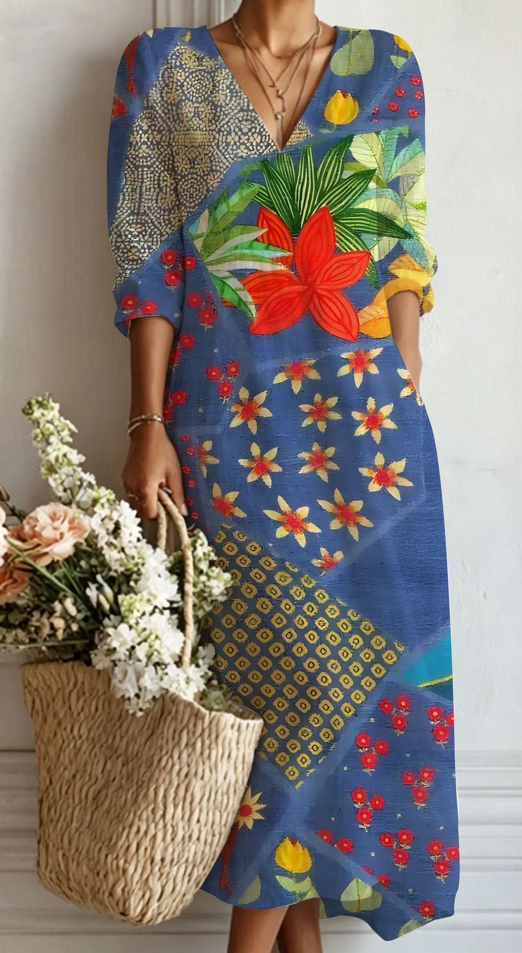 Womens V-Neck Long Sleeve Print Dress
