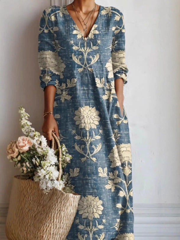 Womens V-Neck Long Sleeve Print Dress