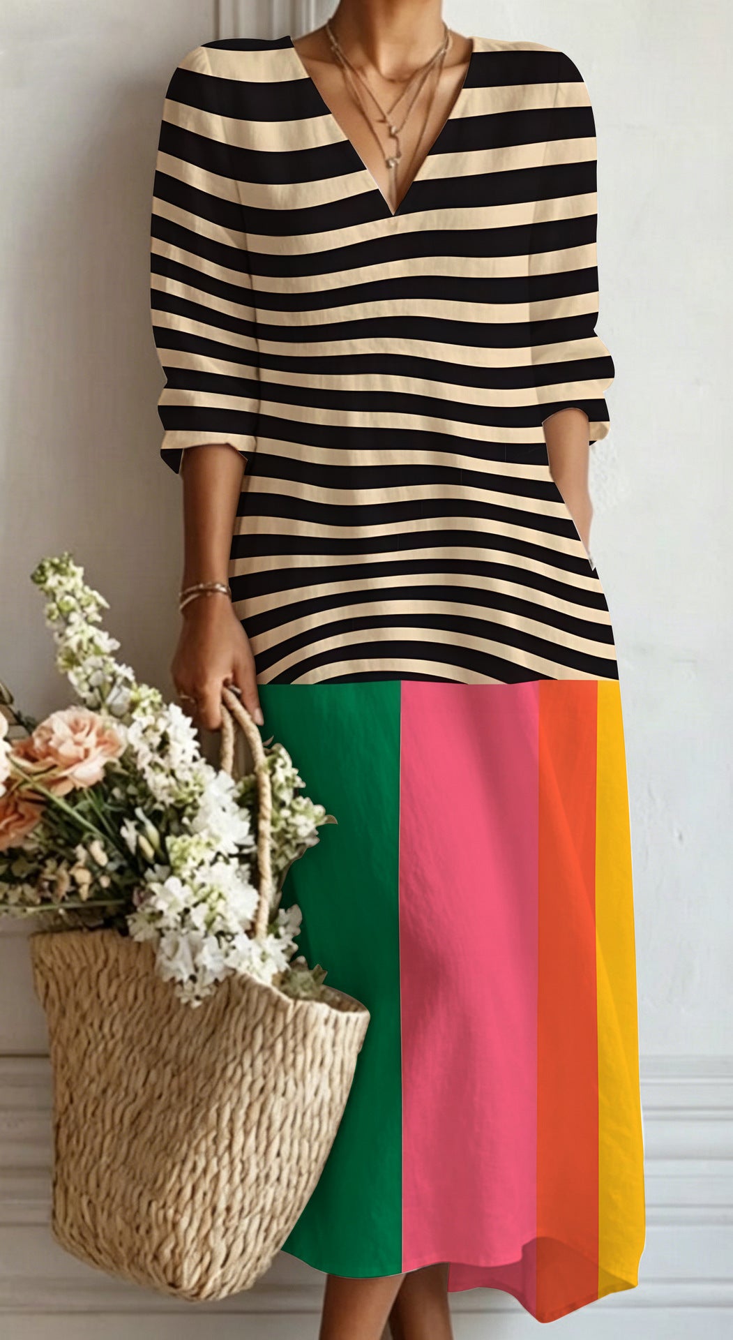 Womens V-Neck Long Sleeve Print Dress