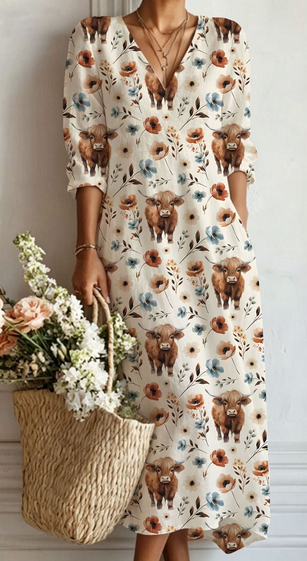 Womens V-Neck Long Sleeve Print Dress