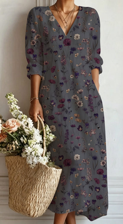 Womens V-Neck Long Sleeve Print Dress