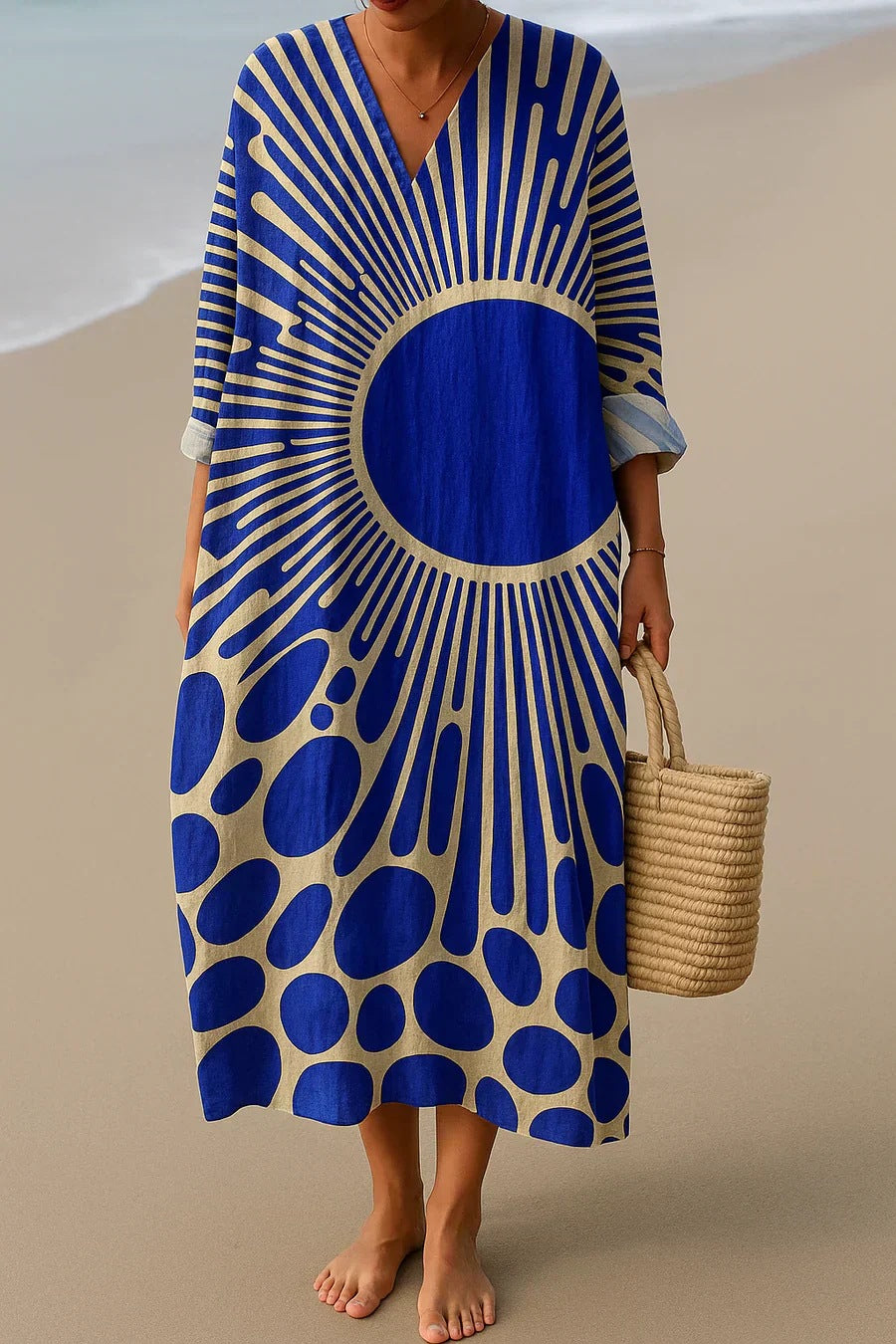 Womens V-Neck Long Sleeve Print Dress