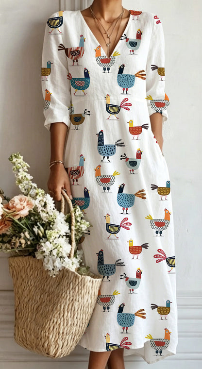 Womens V-Neck Long Sleeve Print Dress