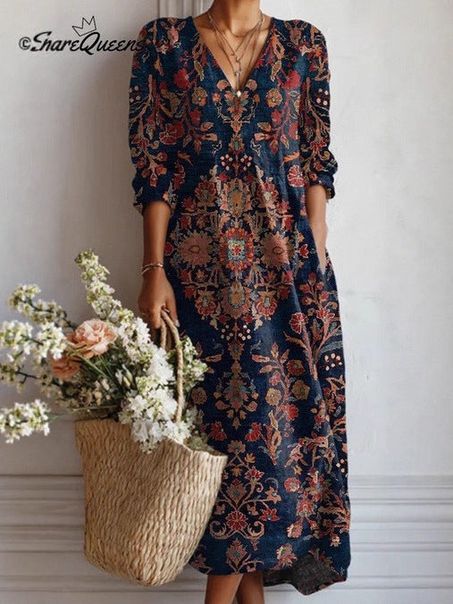 Womens V-Neck Long Sleeve Printed Dress
