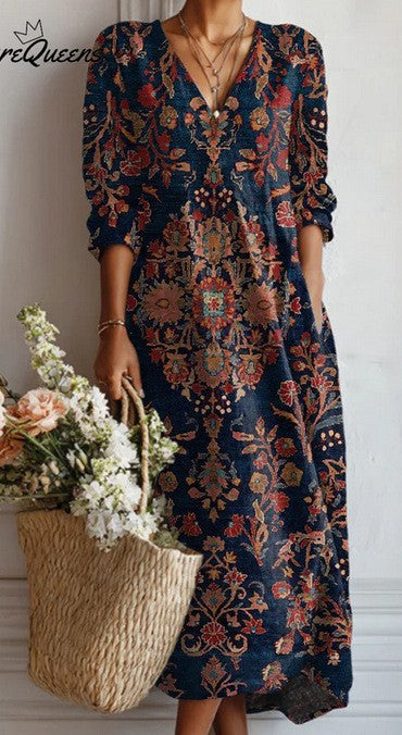 Womens V-Neck Long Sleeve Printed Dress