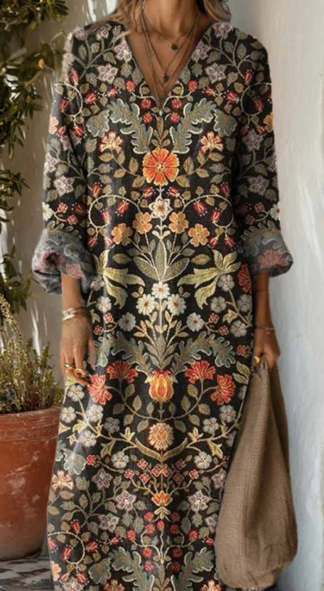 Womens V-Neck Long Sleeve Printed Dress