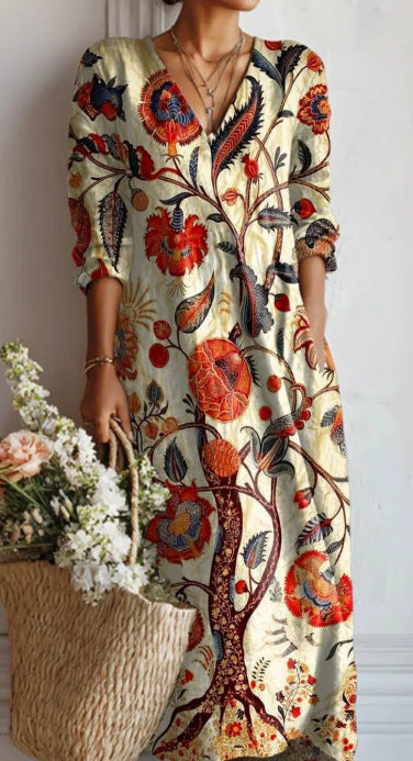 Womens V-Neck Long Sleeve Printed Dress