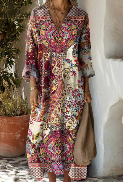 Womens V-Neck Long Sleeve Printed Dress