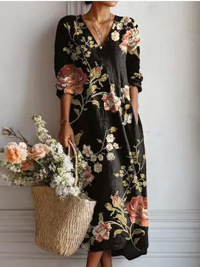 Womens V-Neck Long Sleeve Printed Dress