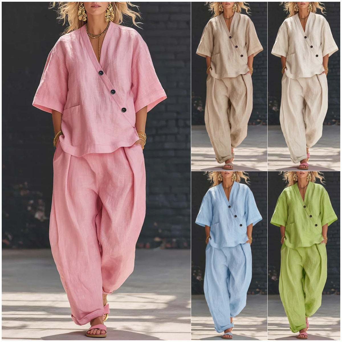 Womens V-Neck Loose Top High-Waist Pants Set