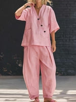 Womens V-Neck Loose Top High-Waist Pants Set