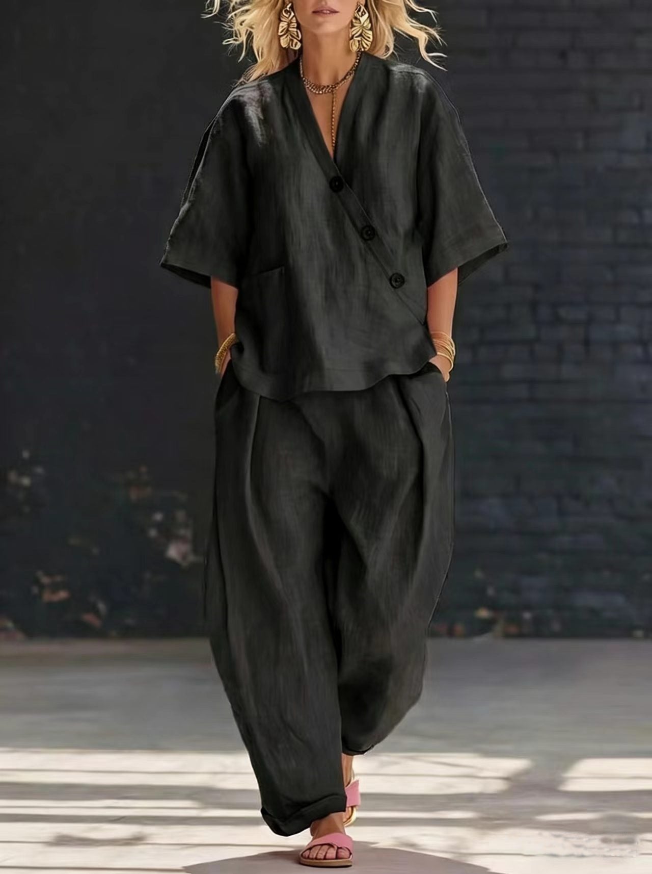 Womens V-Neck Loose Top High-Waist Pants Set