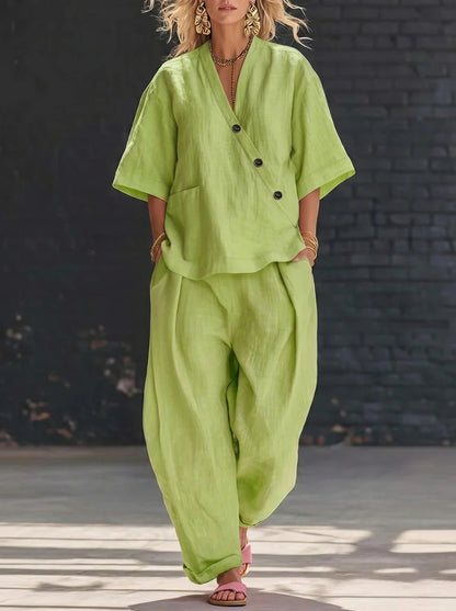 Womens V-Neck Loose Top High-Waist Pants Set