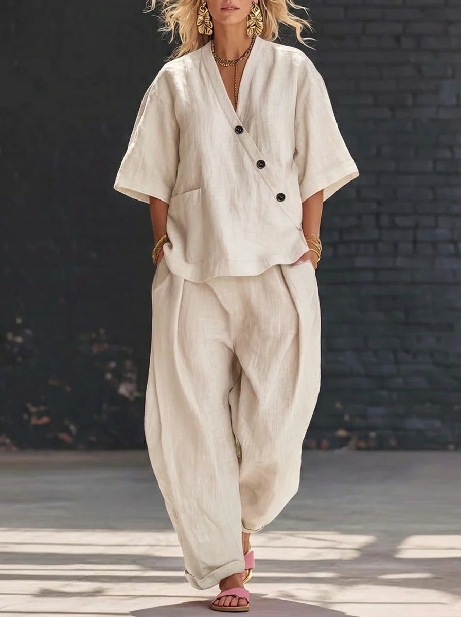 Womens V-Neck Loose Top High-Waist Pants Set