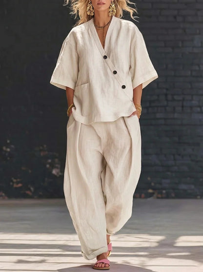 Womens V-Neck Loose Top High-Waist Pants Set