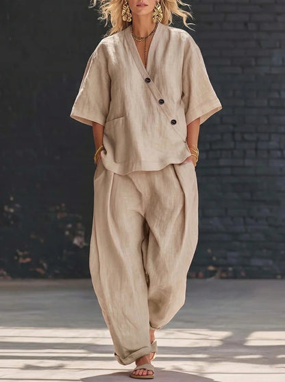 Womens V-Neck Loose Top High-Waist Pants Set