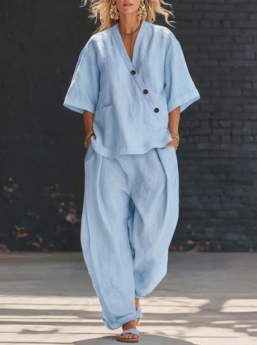 Womens V-Neck Loose Top High-Waist Pants Set