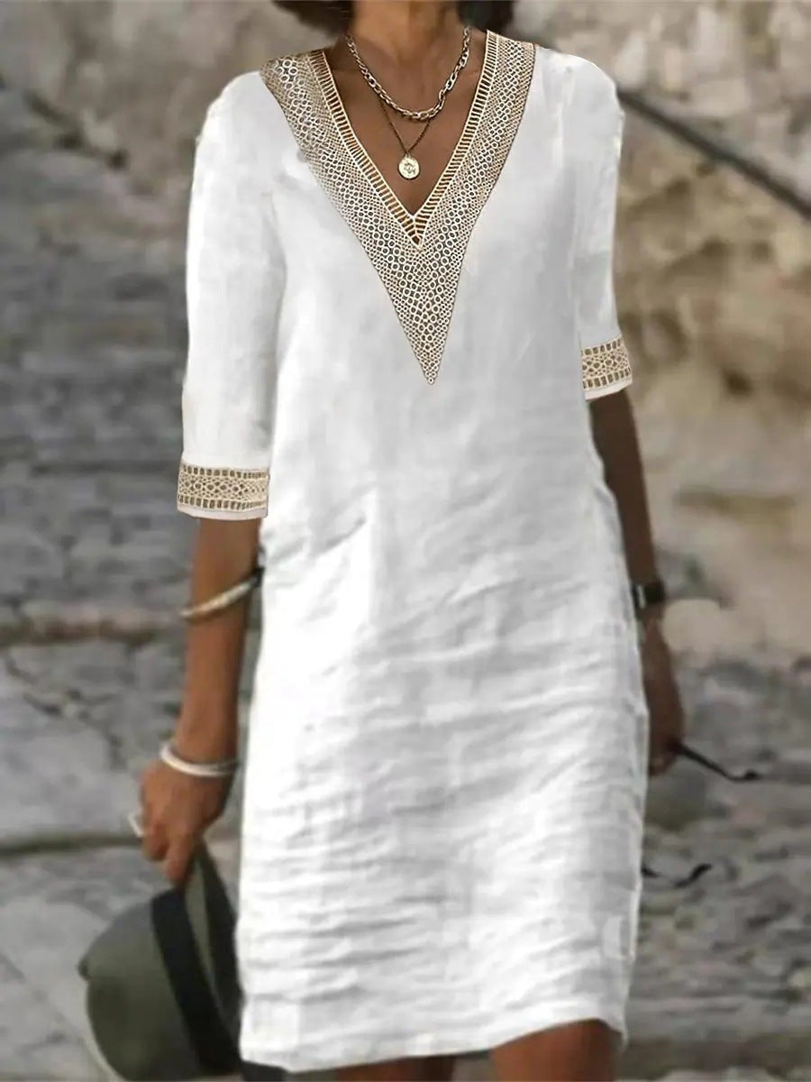 Womens V-Neck Mid-Sleeve Cotton Dress
