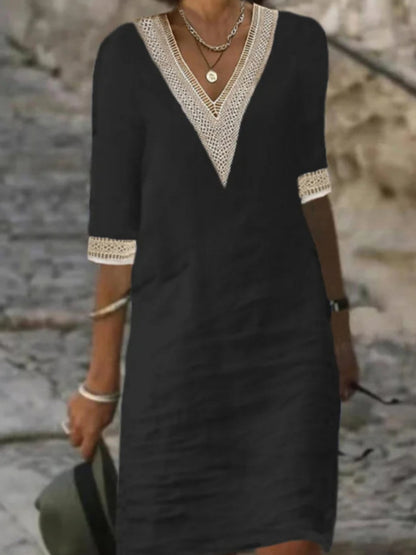 Womens V-Neck Mid-Sleeve Cotton Dress