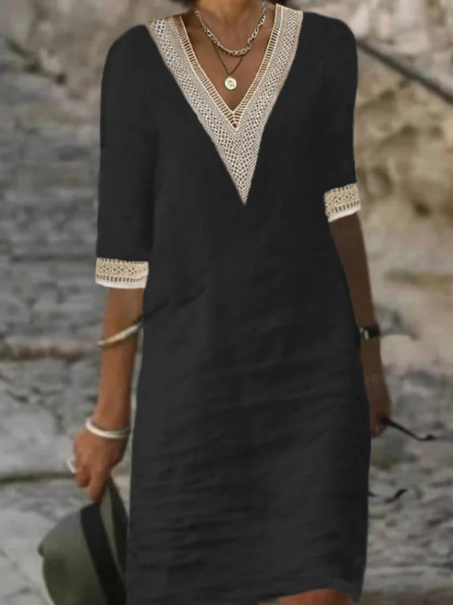 Womens V-Neck Mid-Sleeve Cotton Dress