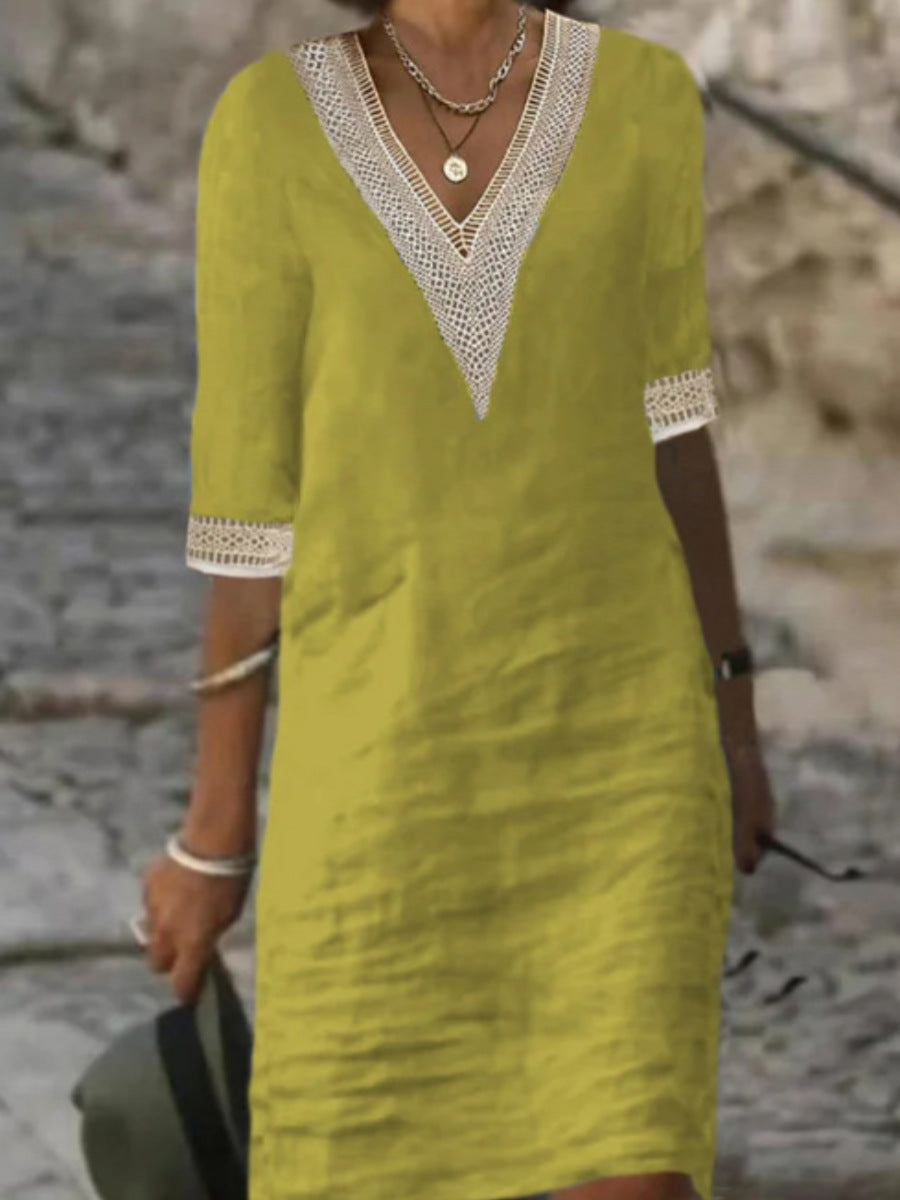 Womens V-Neck Mid-Sleeve Cotton Dress