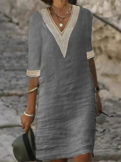 Womens V-Neck Mid-Sleeve Cotton Dress
