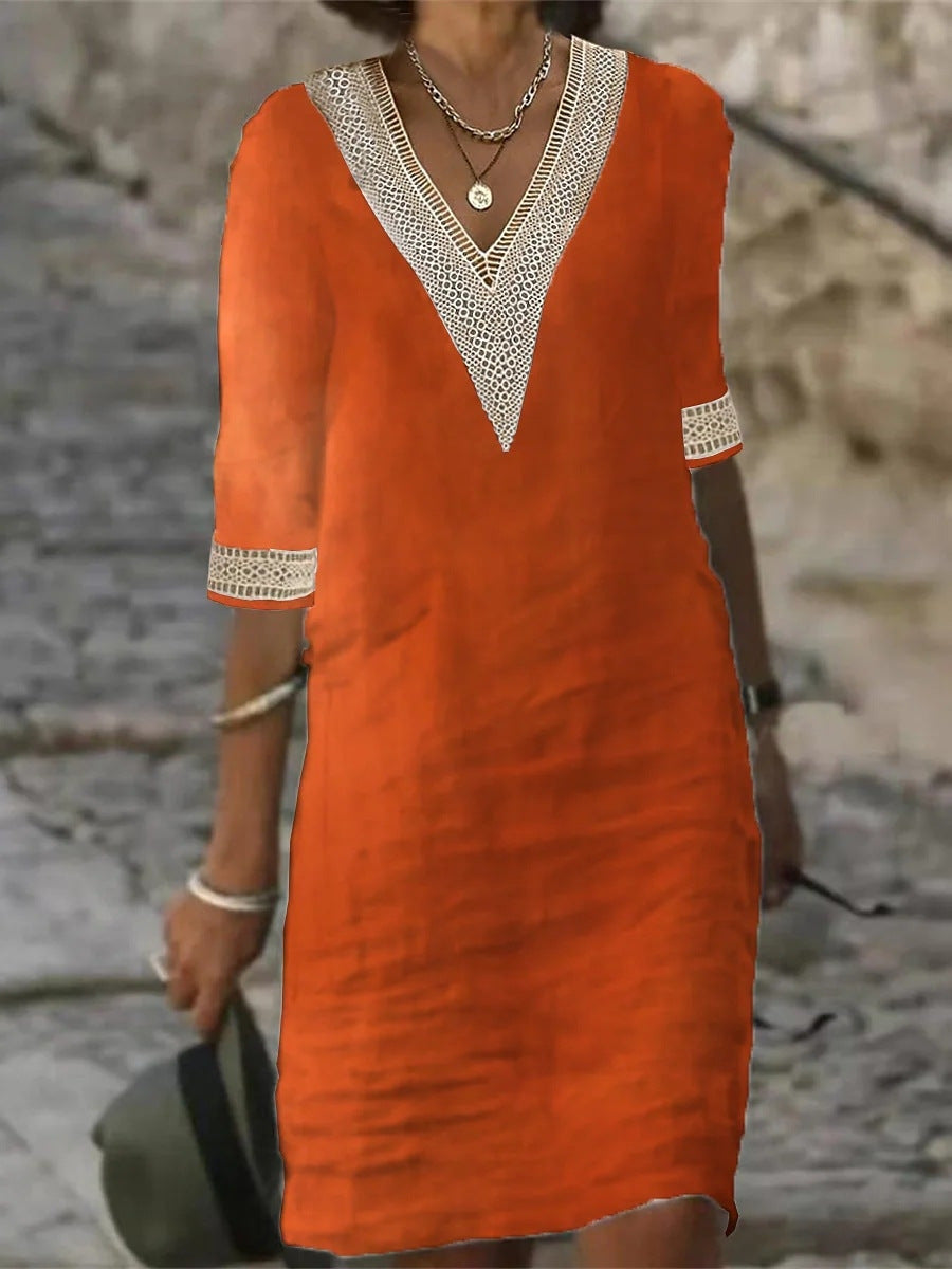Womens V-Neck Mid-Sleeve Cotton Dress