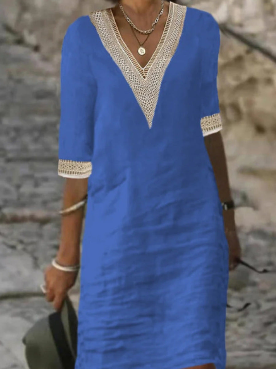 Womens V-Neck Mid-Sleeve Cotton Dress