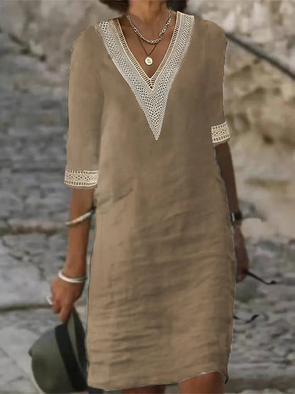 Womens V-Neck Mid-Sleeve Cotton Dress