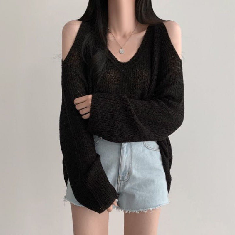 Womens V-Neck Off-Shoulder Loose Knit Sweater