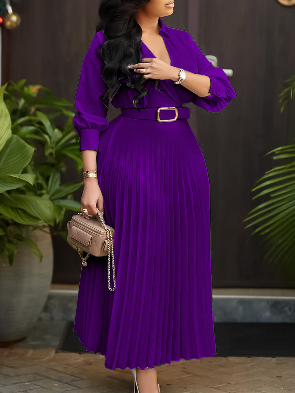 Womens V-neck Pleated Dress