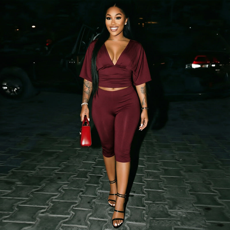 Womens V-Neck Pleated Top and Cropped Pants Set
