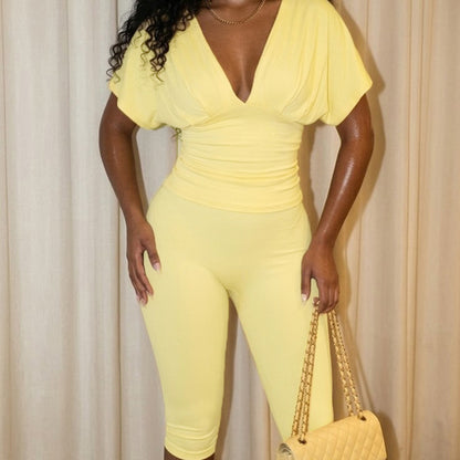 Womens V-Neck Pleated Top and Cropped Pants Set