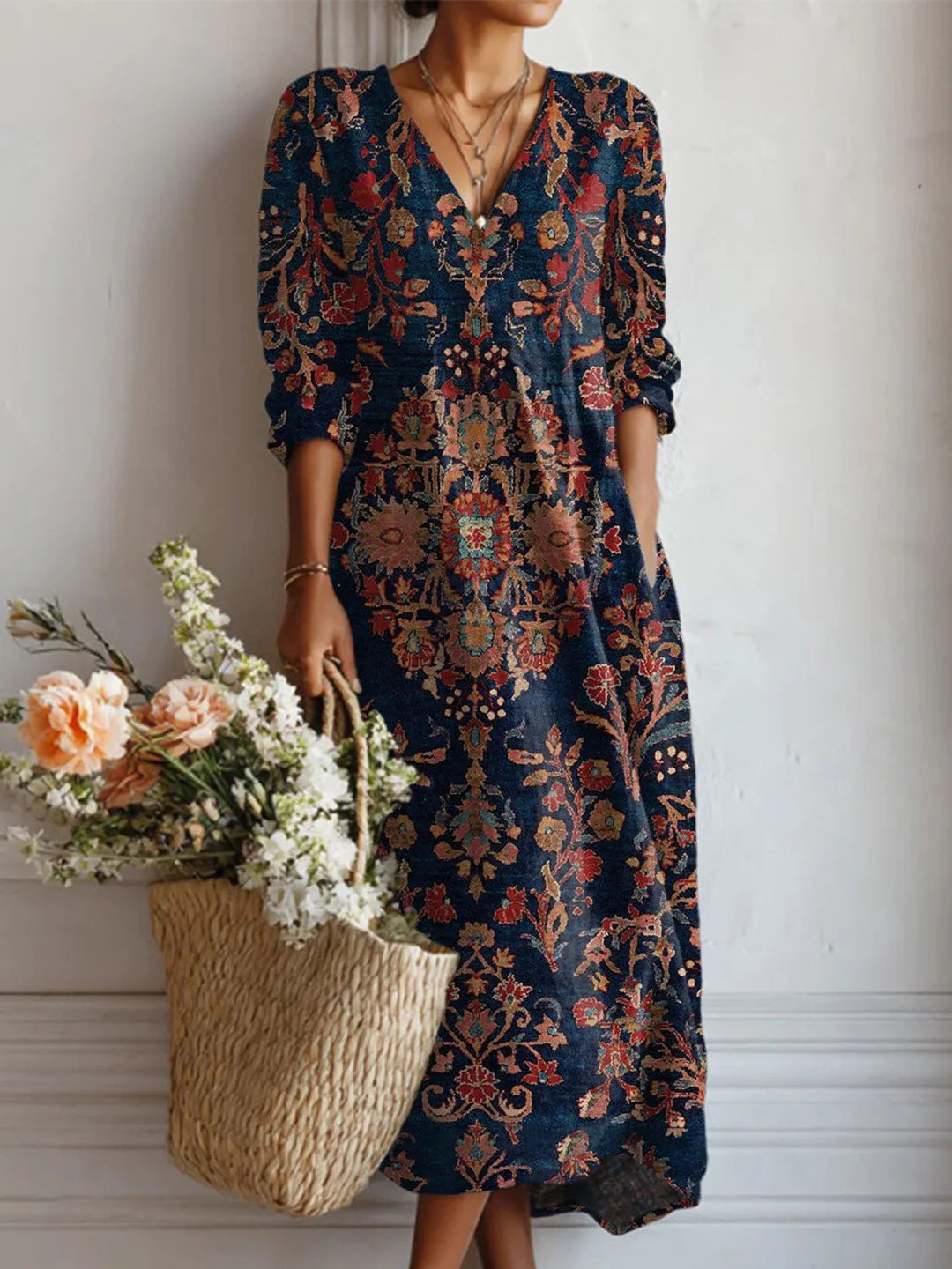 Womens V-neck Printed Dress