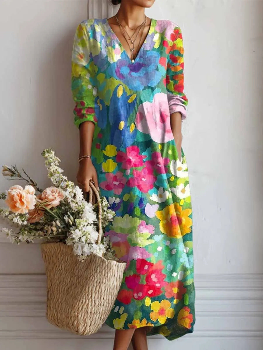 Womens V-neck Printed Dress
