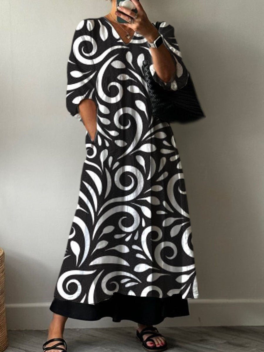 Womens V-neck Printed Dress