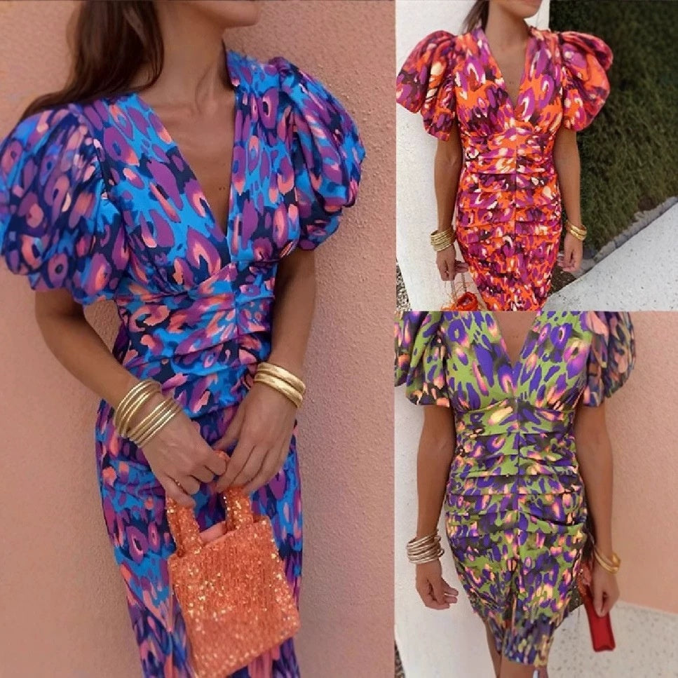 Womens V Neck Printed Puff Sleeve Bodycon Dress