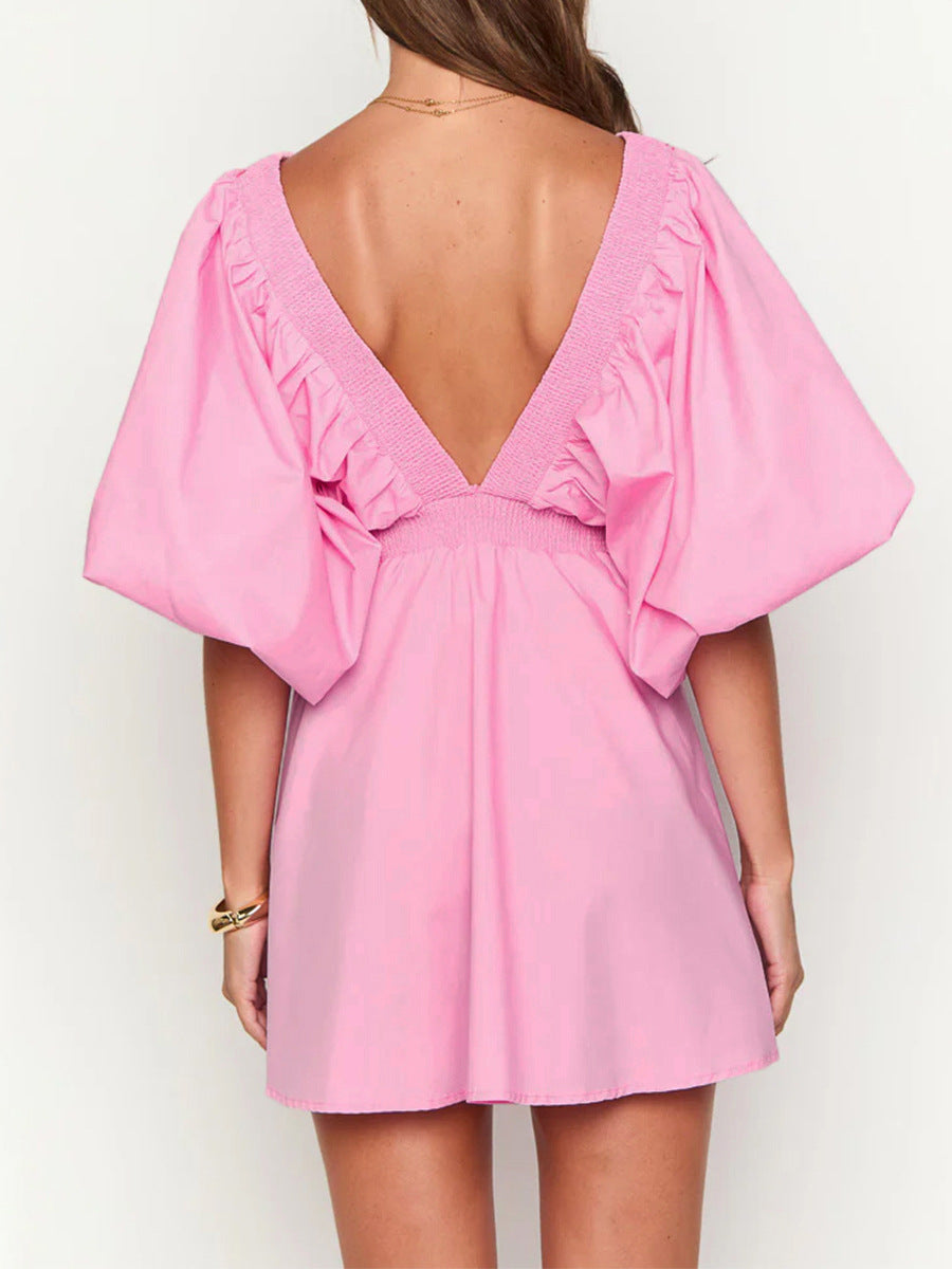 Womens V Neck Puff Sleeve Dress