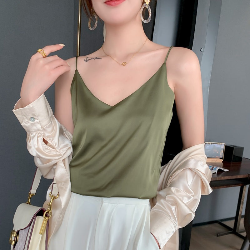 Womens V-neck Satin Camisole with Adjustable Straps